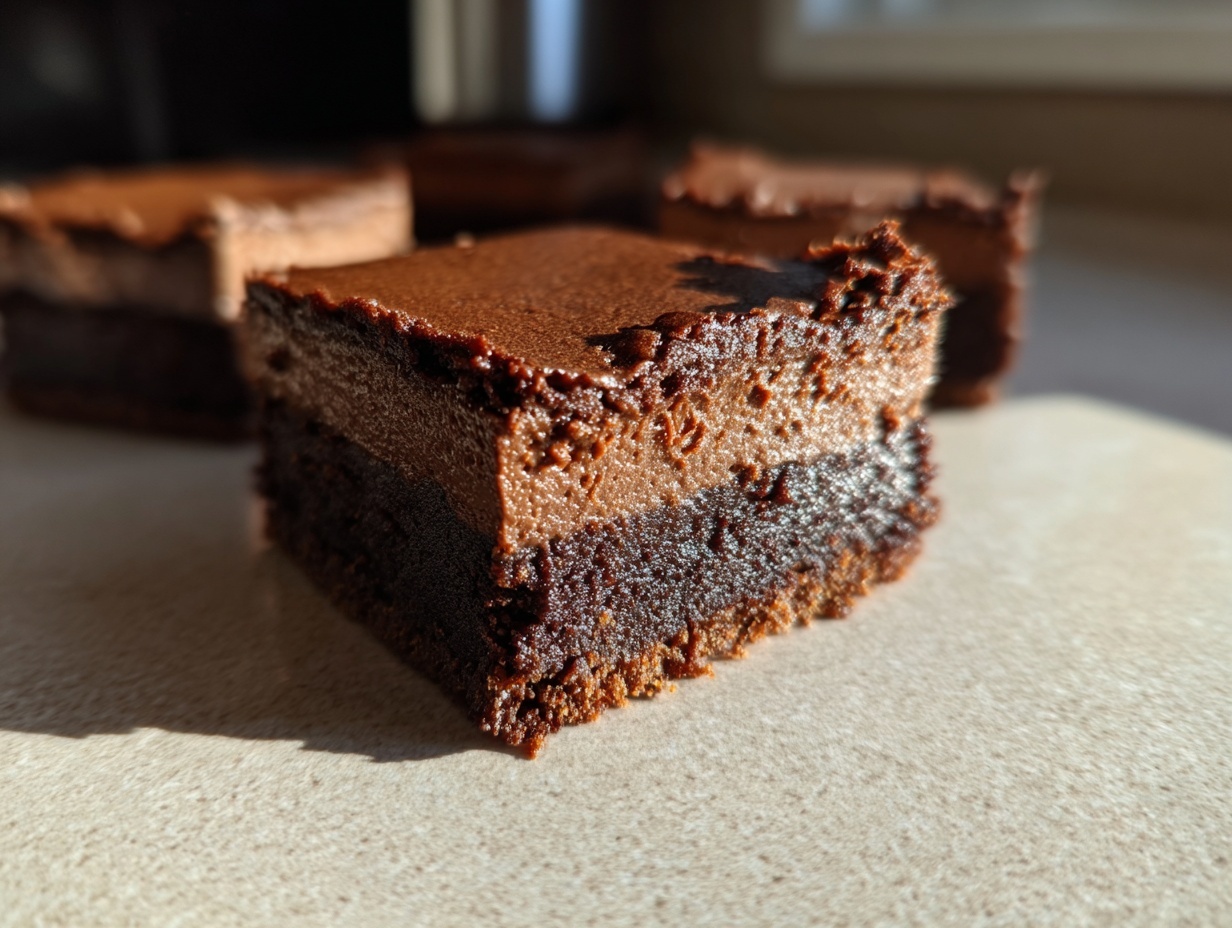 A close-up, sunlit view of a square chocolate cheesecake bars piece showing a dense brownie base and a lighter chocolate layer.