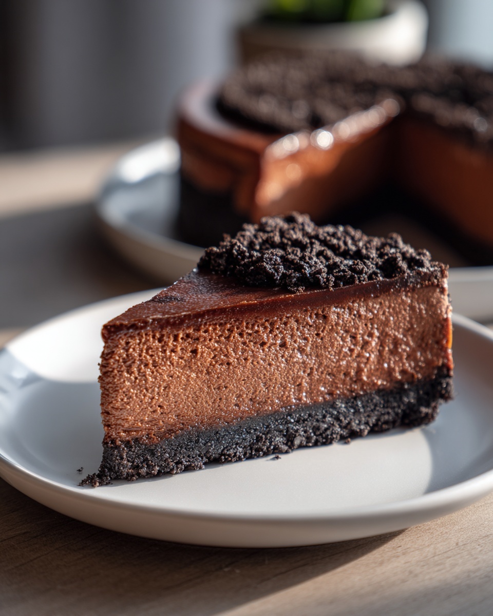A close-up of a thick slice of ultimate chocolate cheesecake with a dark cookie crust and crumb topping.