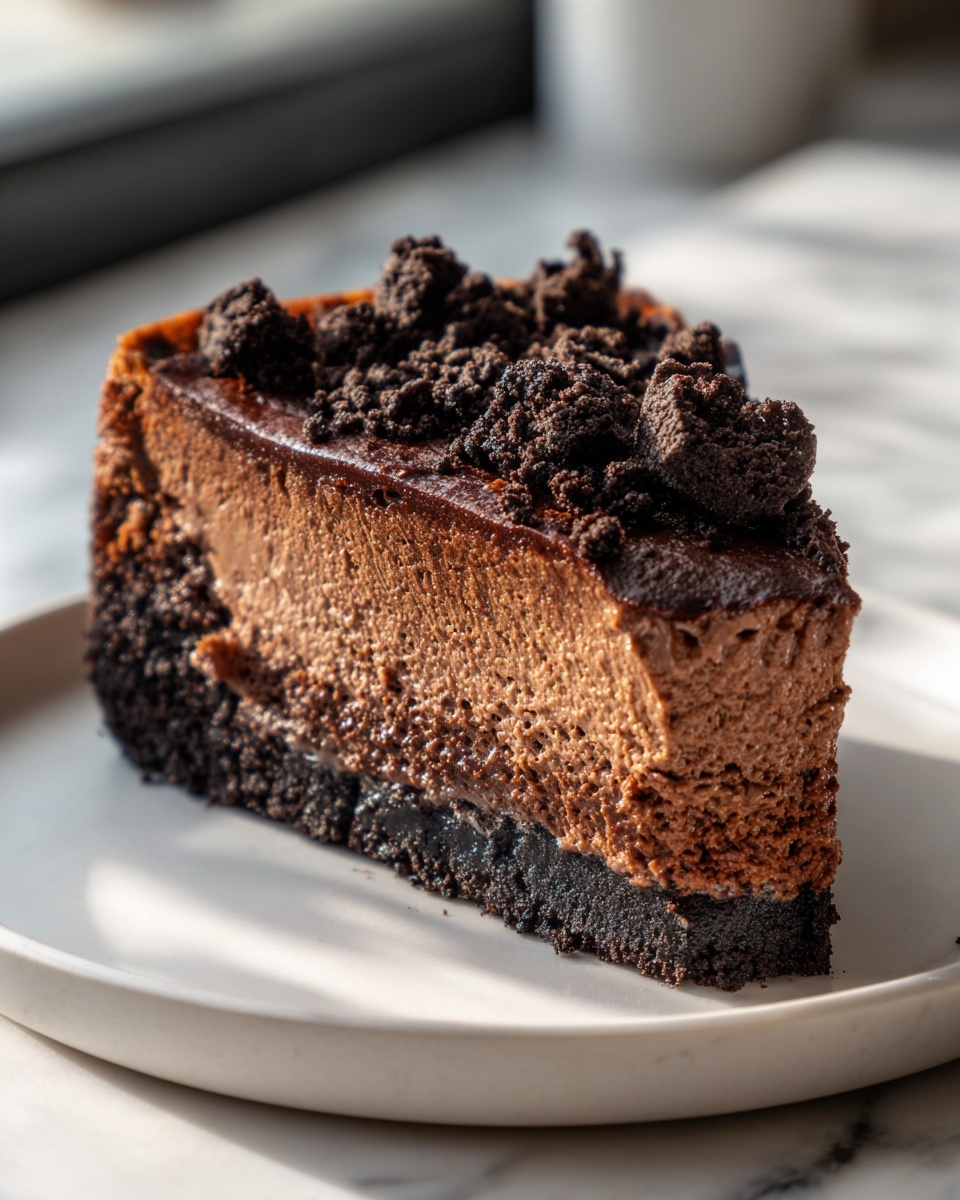 A perfect slice of ultimate chocolate cheesecake with a dark crust and crumbled topping.