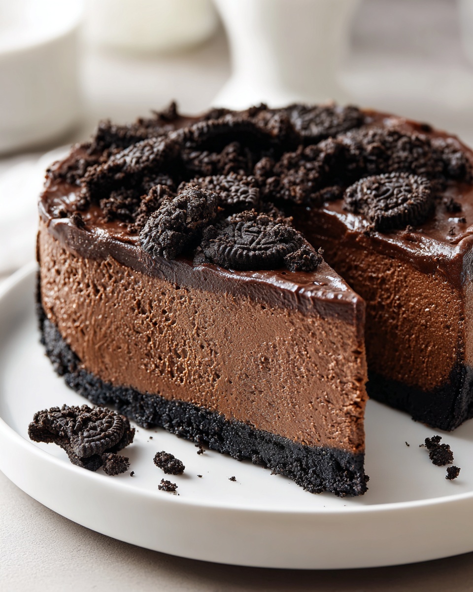 A rich slice of ultimate chocolate cheesecake with a dark cookie crust and Oreo topping on a white plate.