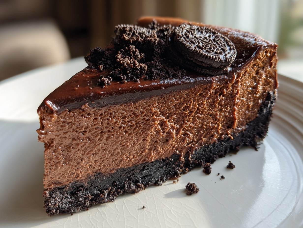 A perfect slice of ultimate chocolate cheesecake with a dark chocolate crust and Oreo topping.