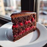 A rich slice of vegan chocolate raspberry cake featuring dark layers and bright raspberry filling.