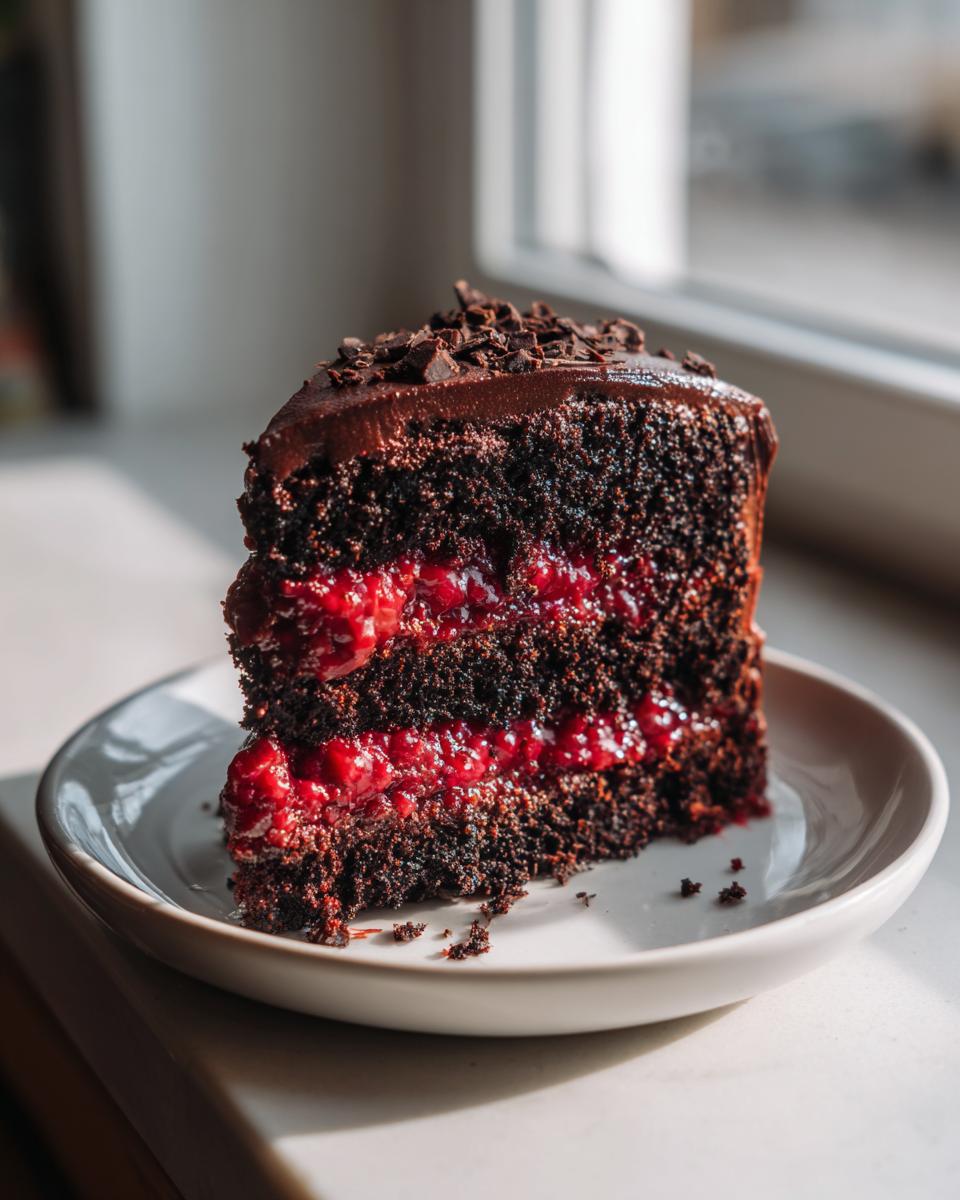 A decadent slice of vegan chocolate raspberry cake featuring dark layers and bright red raspberry filling.