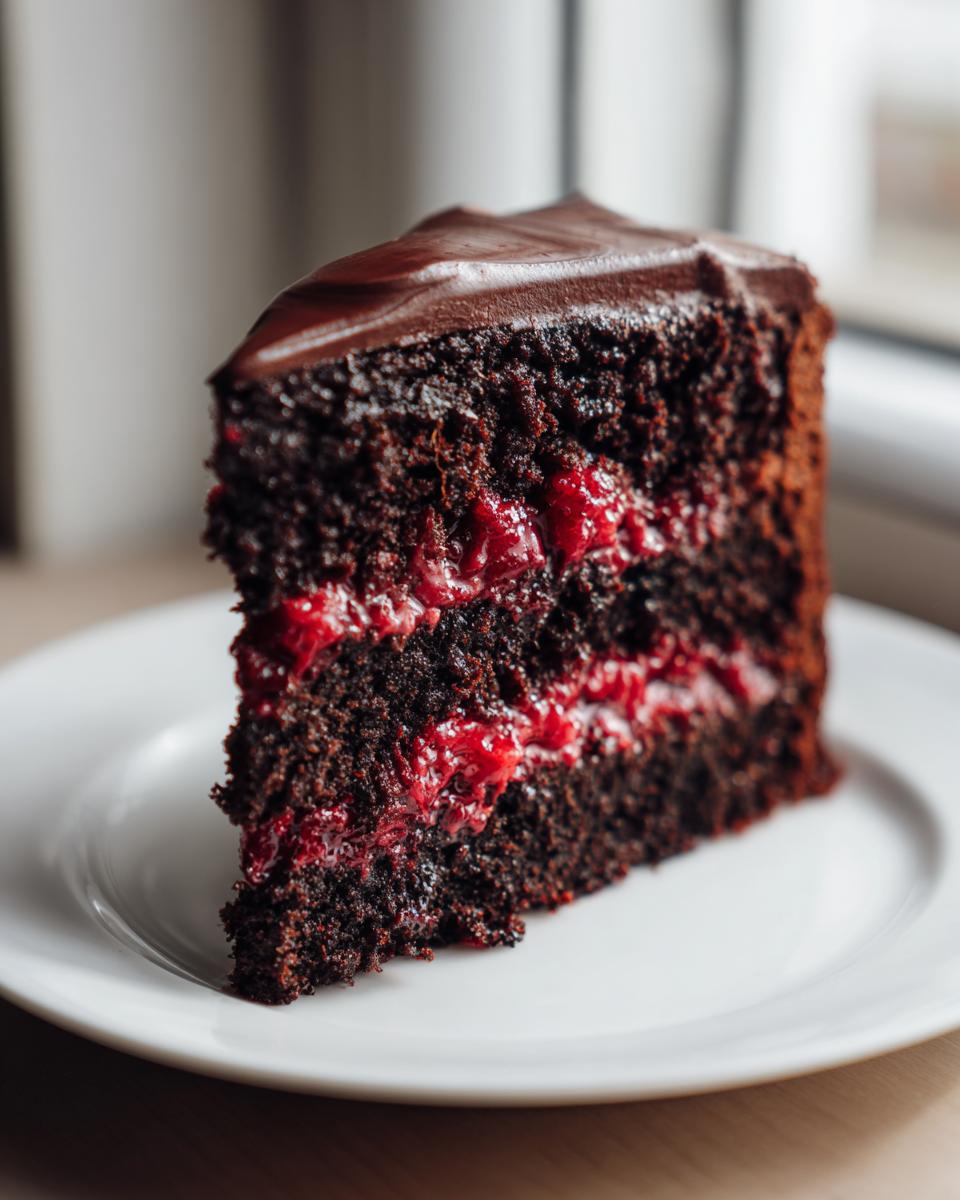 A moist slice of vegan chocolate raspberry cake layered with bright red raspberry filling and topped with chocolate ganache.