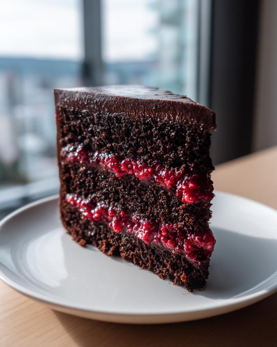 A tall slice of vegan chocolate raspberry cake with dark chocolate frosting and bright red raspberry filling layers.