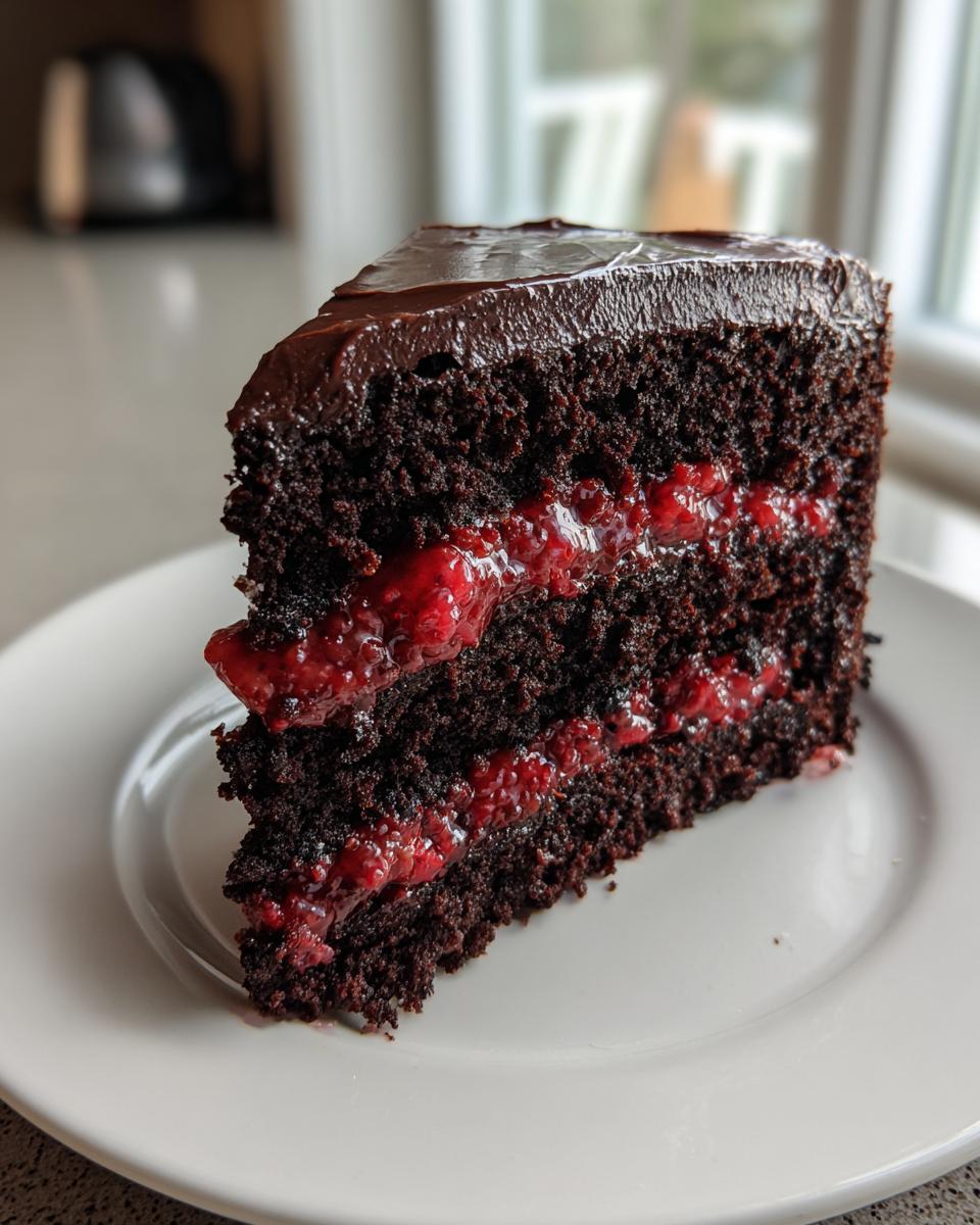 A moist slice of vegan chocolate raspberry cake showing dark layers and bright red raspberry filling.
