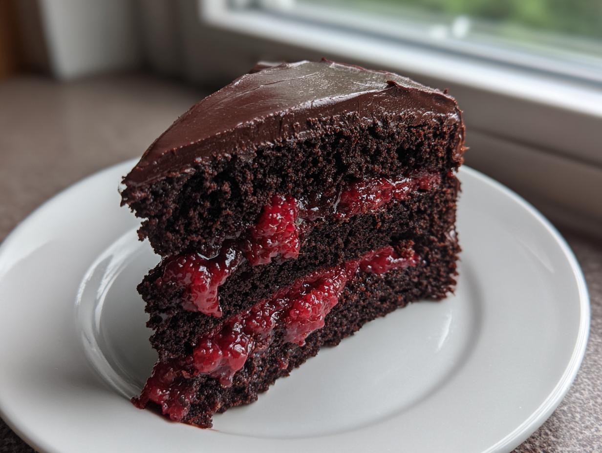 A decadent slice of vegan chocolate raspberry cake featuring dark layers and bright red raspberry filling.