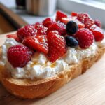 Close-up of whipped cottage cheese toast topped with fresh strawberries, raspberries, blueberries, and honey.