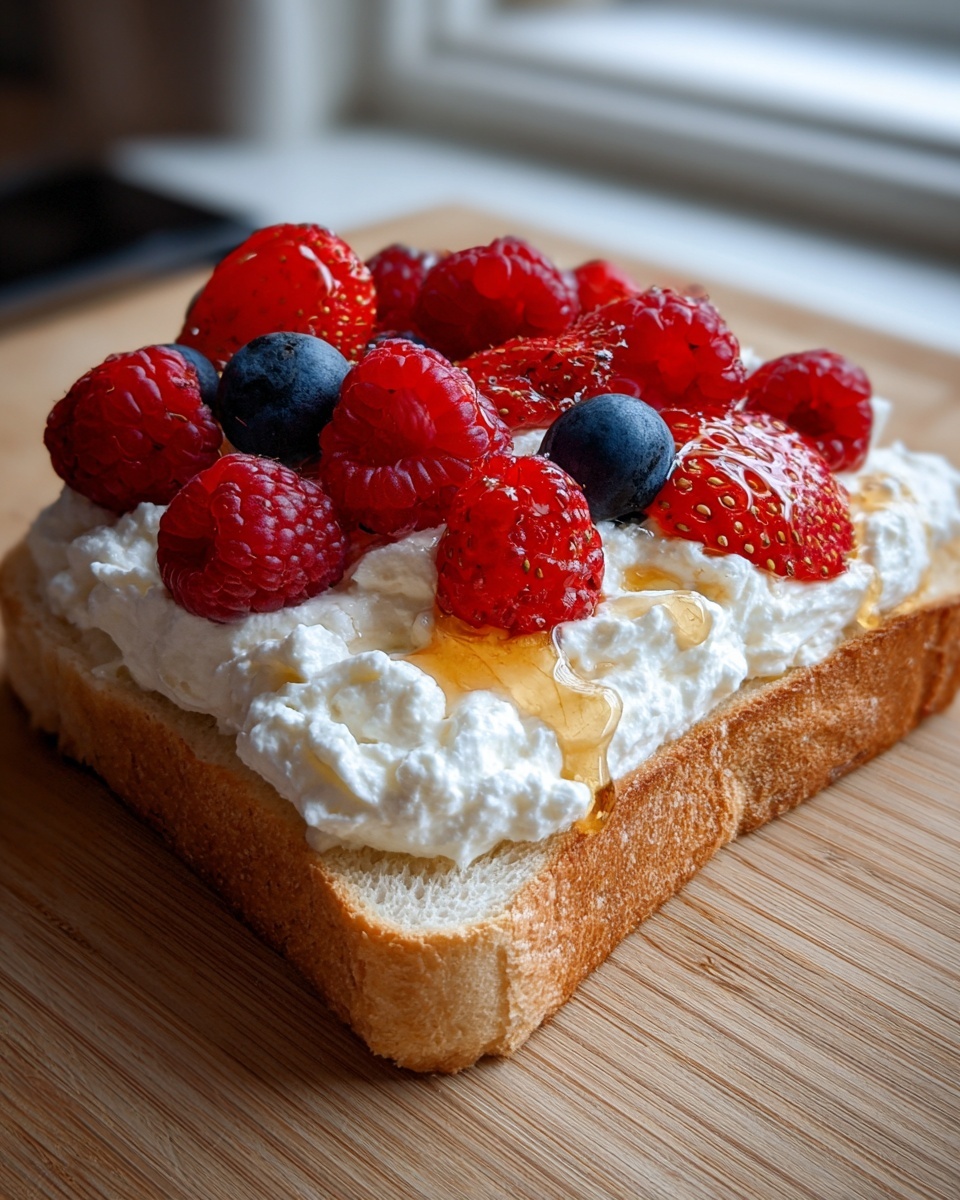 Close-up of whipped cottage cheese toast topped with fresh raspberries, blueberries, strawberries, and drizzled with honey.