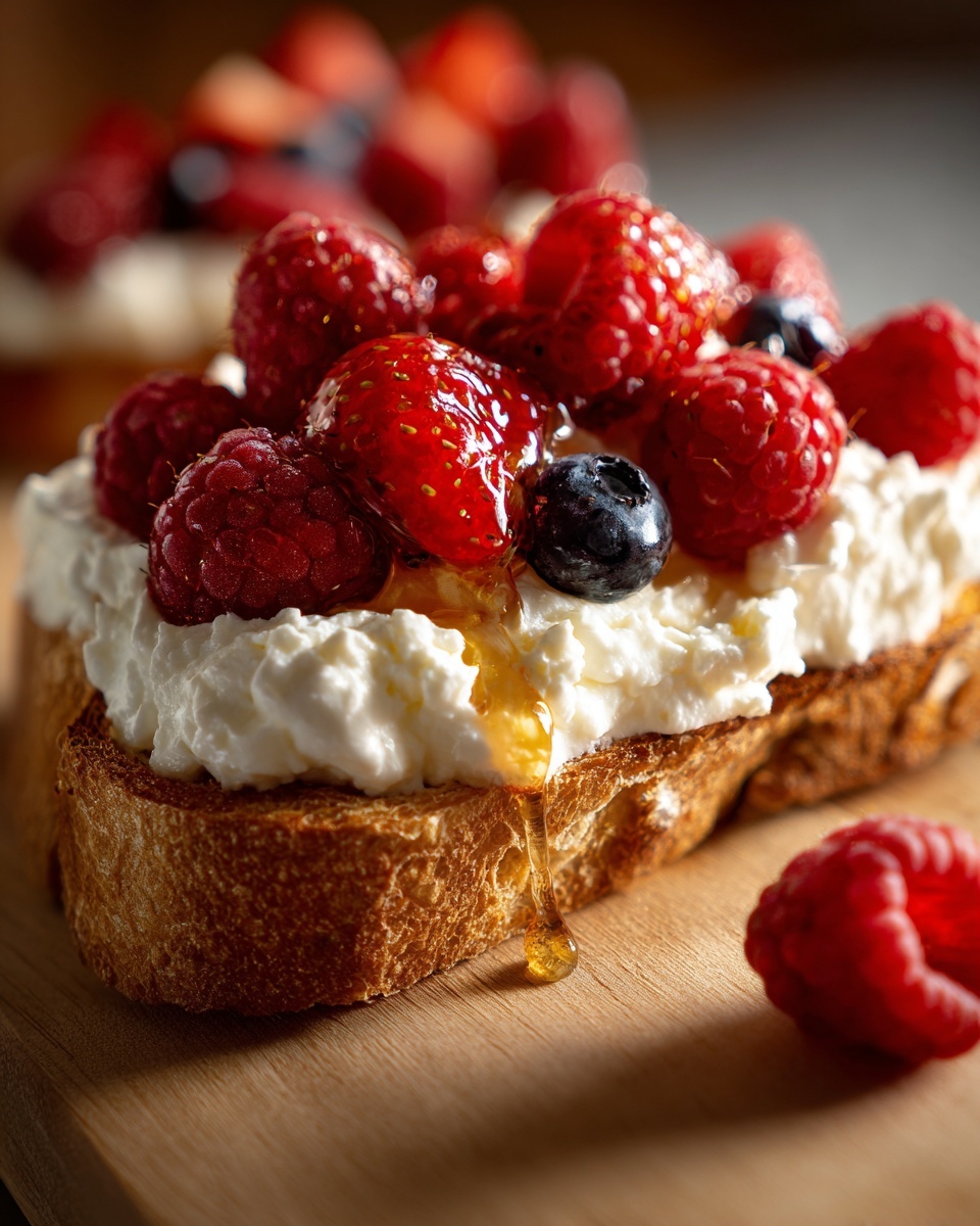 Close-up of whipped cottage cheese toast topped with fresh strawberries, raspberries, blueberries, and drizzled with honey.