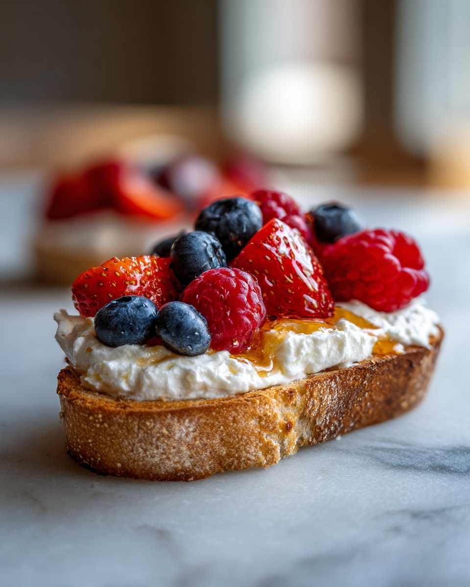 Close-up of whipped cottage cheese toast topped with fresh strawberries, blueberries, raspberries, and honey.
