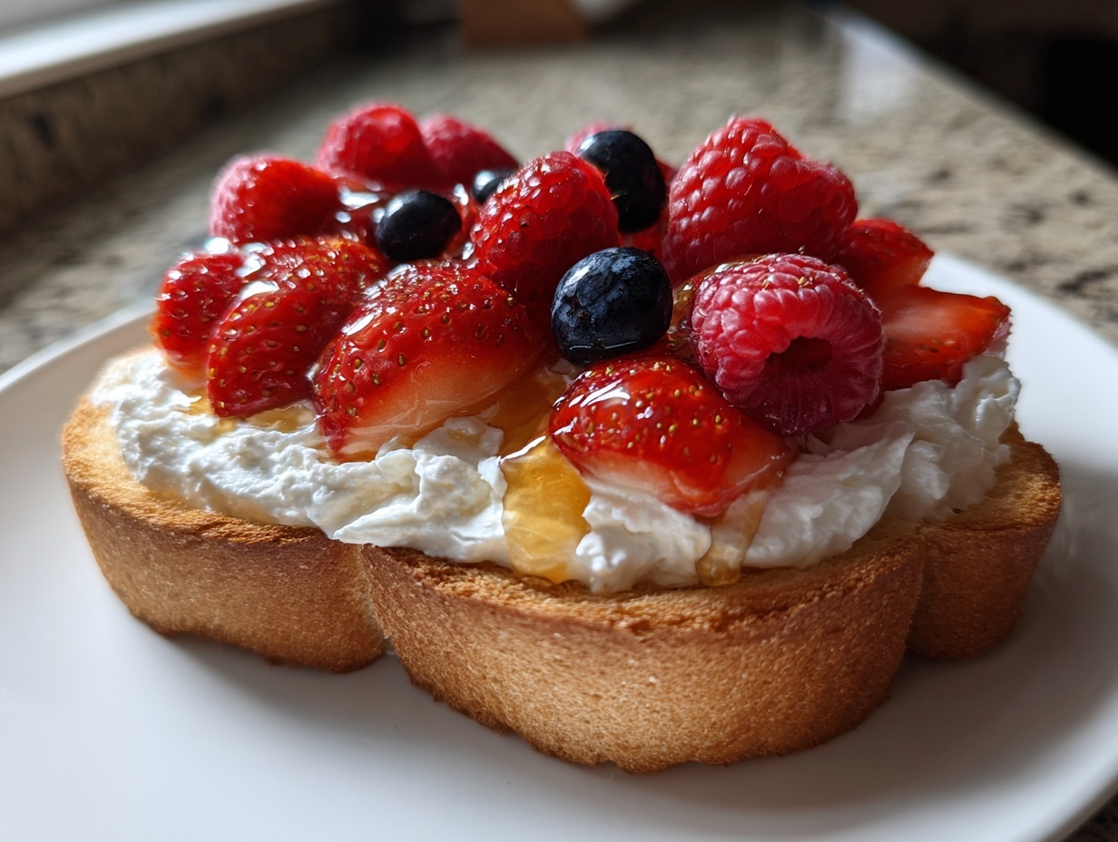 Close-up of whipped cottage cheese toast topped with fresh strawberries, raspberries, blueberries, and drizzled with honey.
