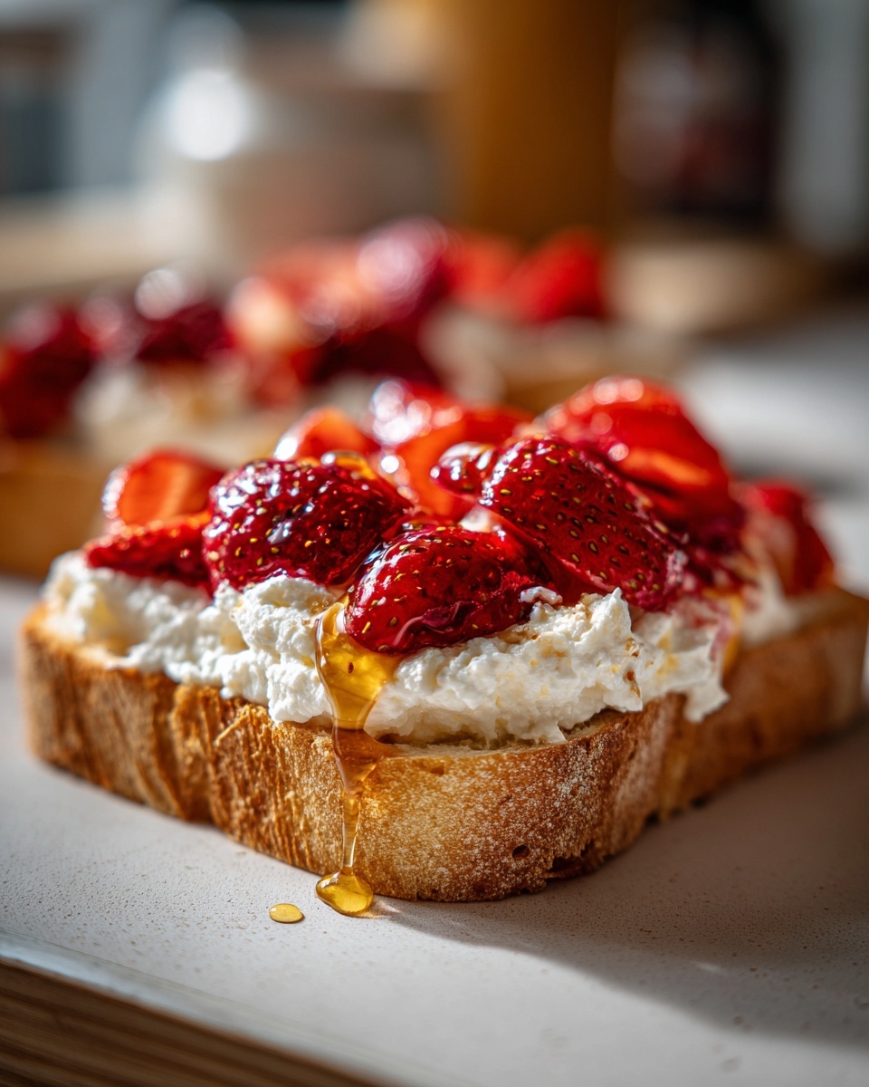 Close-up of whipped cottage cheese toast topped with fresh strawberries and drizzled with honey.