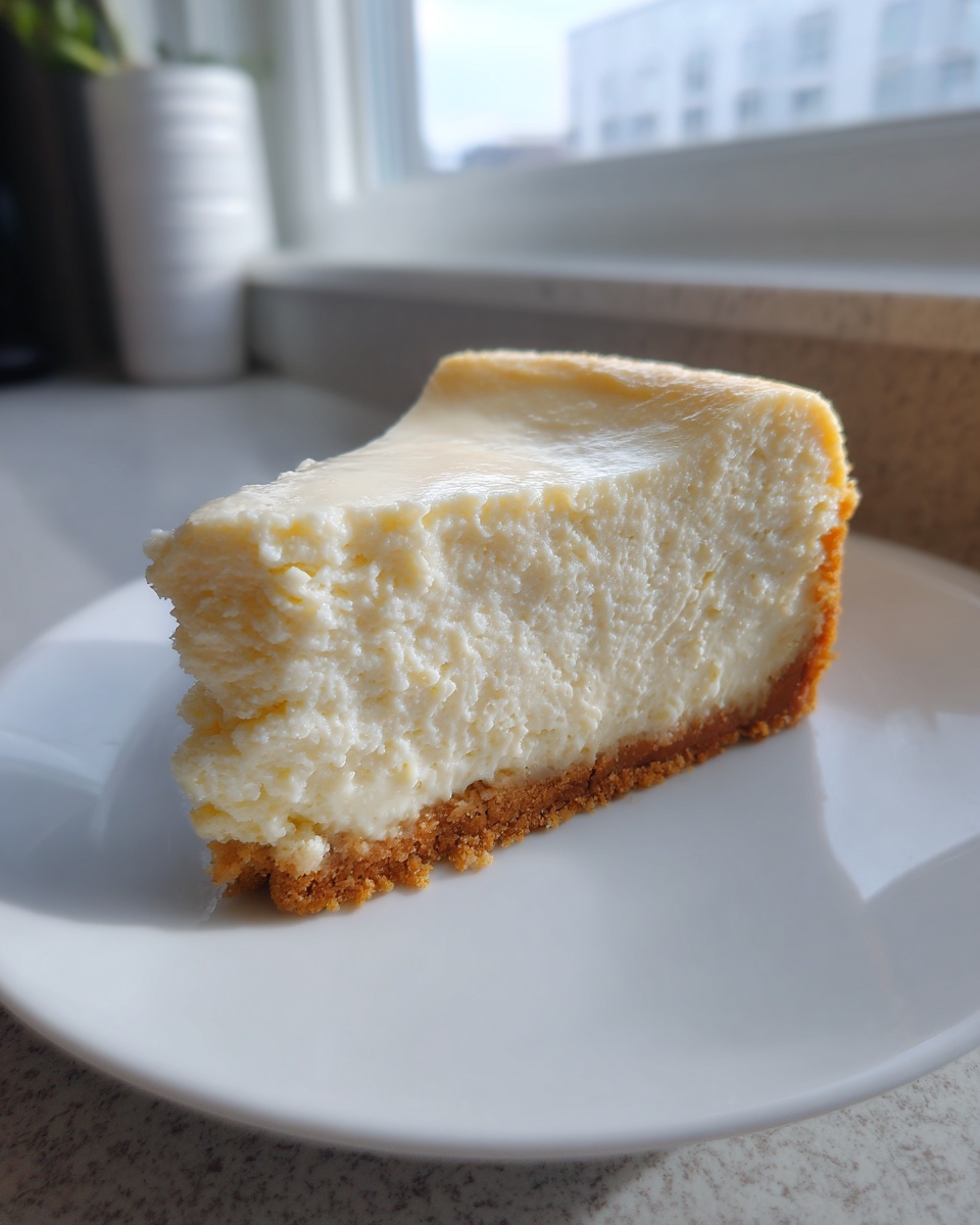 A thick slice of creamy white chocolate cheesecake with a graham cracker crust on a white plate.