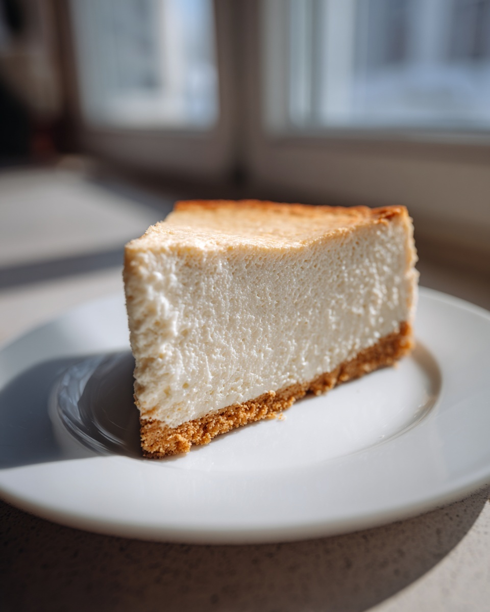 A close-up of a thick, creamy slice of white chocolate cheesecake on a white plate.