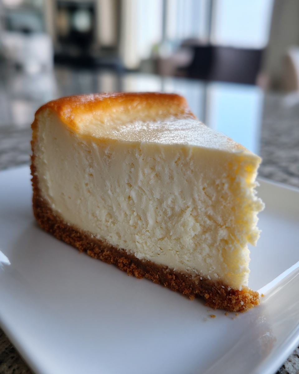 A thick, creamy slice of white chocolate cheesecake with a golden top and graham cracker crust.