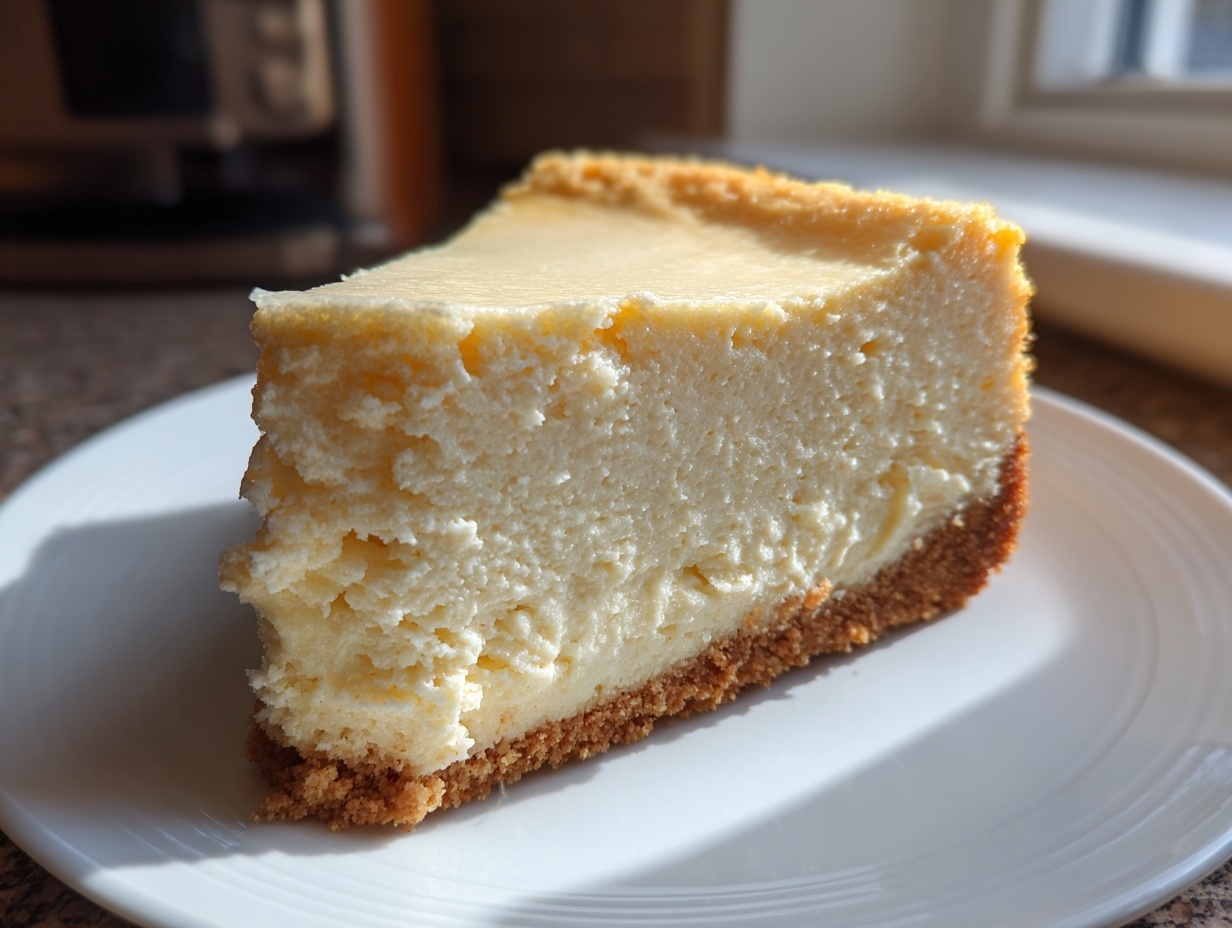 A thick, creamy slice of white chocolate cheesecake with a graham cracker crust served on a white plate.