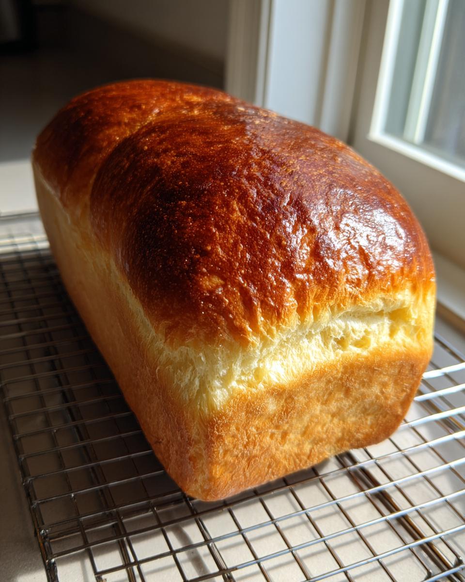 A golden brown, glossy yeast bread loaf cooling on a wire rack near a window.