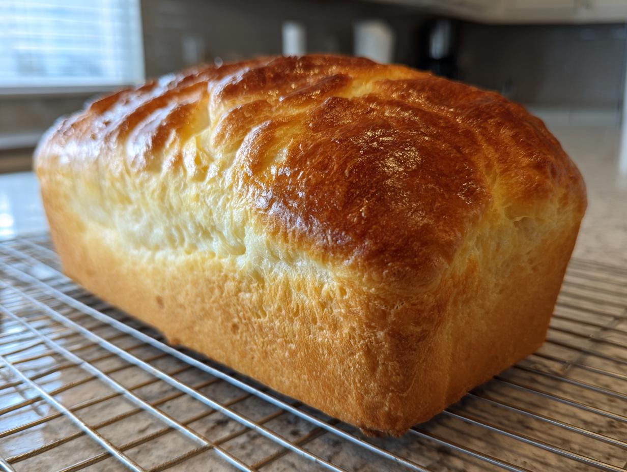 A golden brown, glossy yeast bread loaf cooling on a wire rack in a kitchen setting.