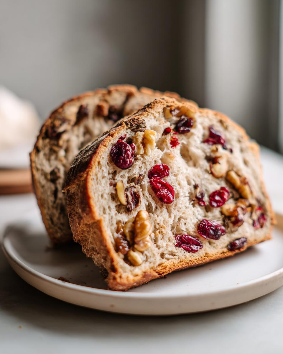Close-up of two slices of homemade yeast bread with inclusions, featuring visible cranberries and walnuts.