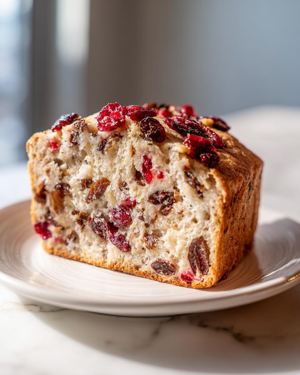 A thick slice of homemade yeast bread with inclusions like raisins and cranberries, served on a white plate.