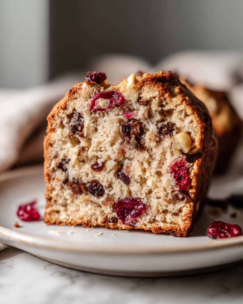 Close-up of a slice of moist yeast bread with inclusions like dried cranberries and nuts.