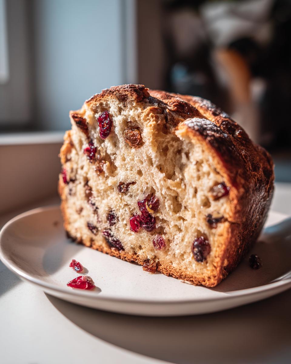 Close-up of a slice of fluffy yeast bread with inclusions like cranberries and raisins, sitting on a white plate.