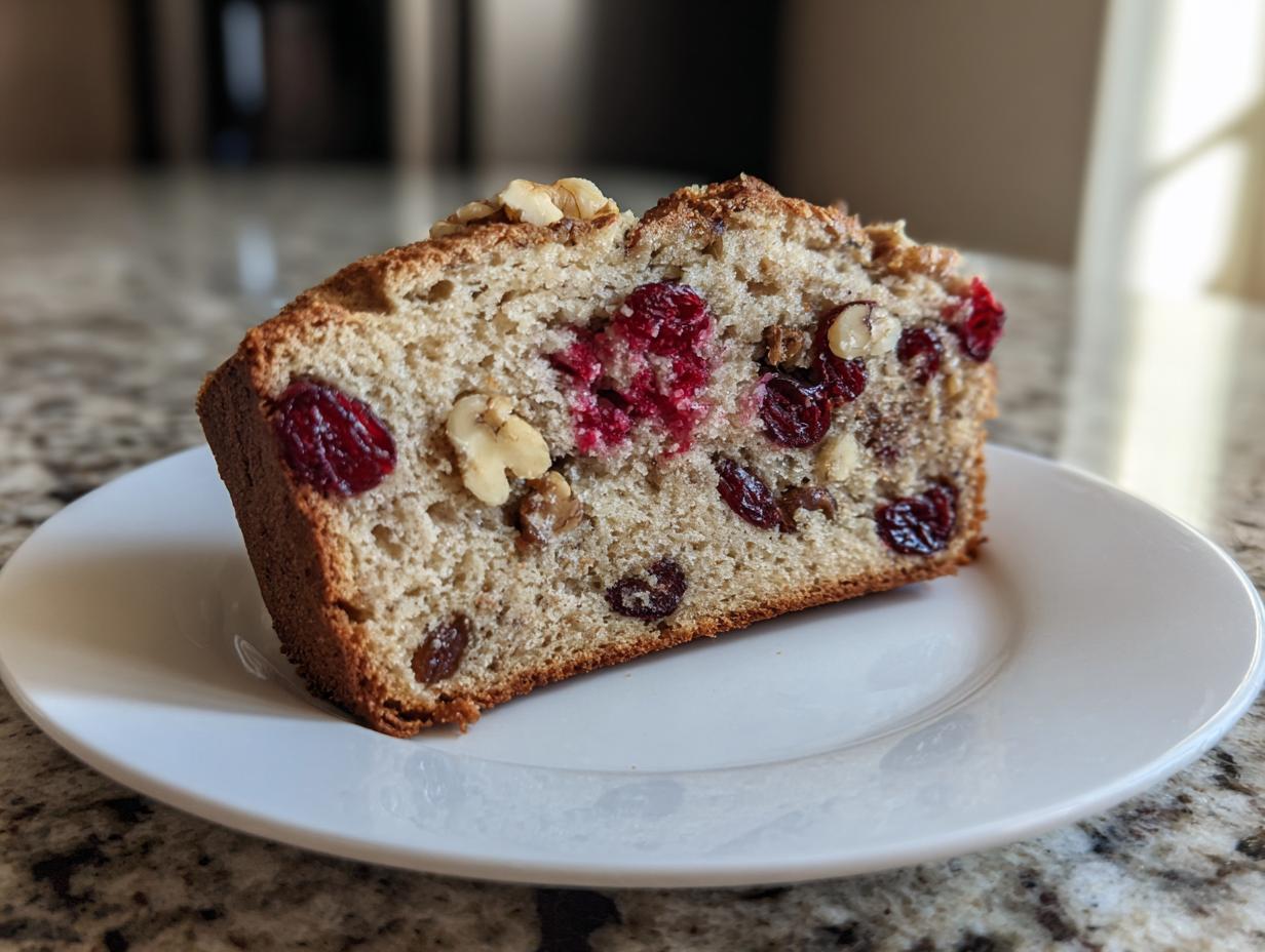 Close-up of a slice of moist yeast bread with inclusions like walnuts and dried cranberries.