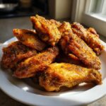 A pile of golden brown, crispy air fryer lemon pepper wings seasoned with visible black pepper flakes, served on a white plate.