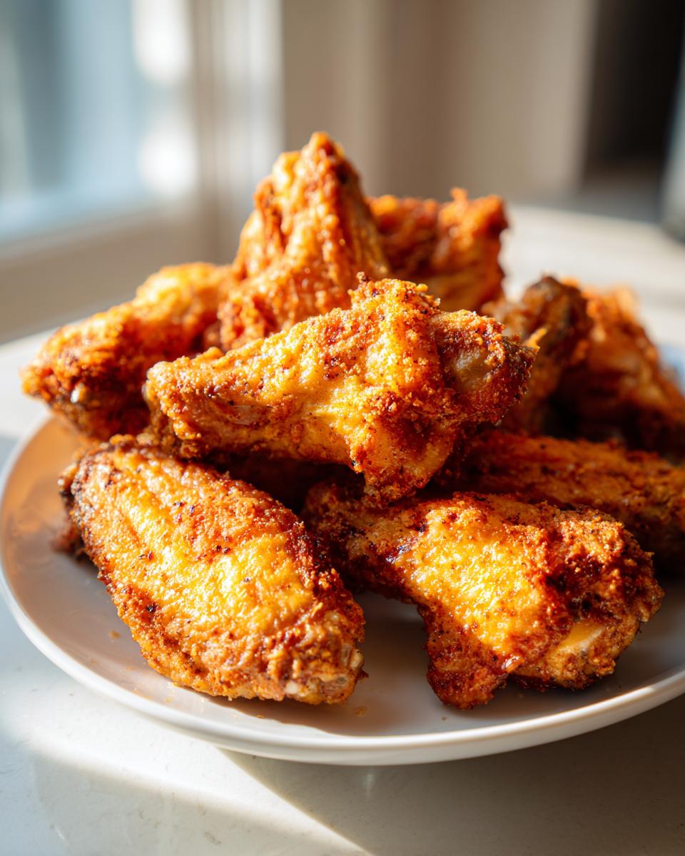 A pile of golden brown, crispy air fryer lemon pepper wings stacked on a white plate, catching bright sunlight.
