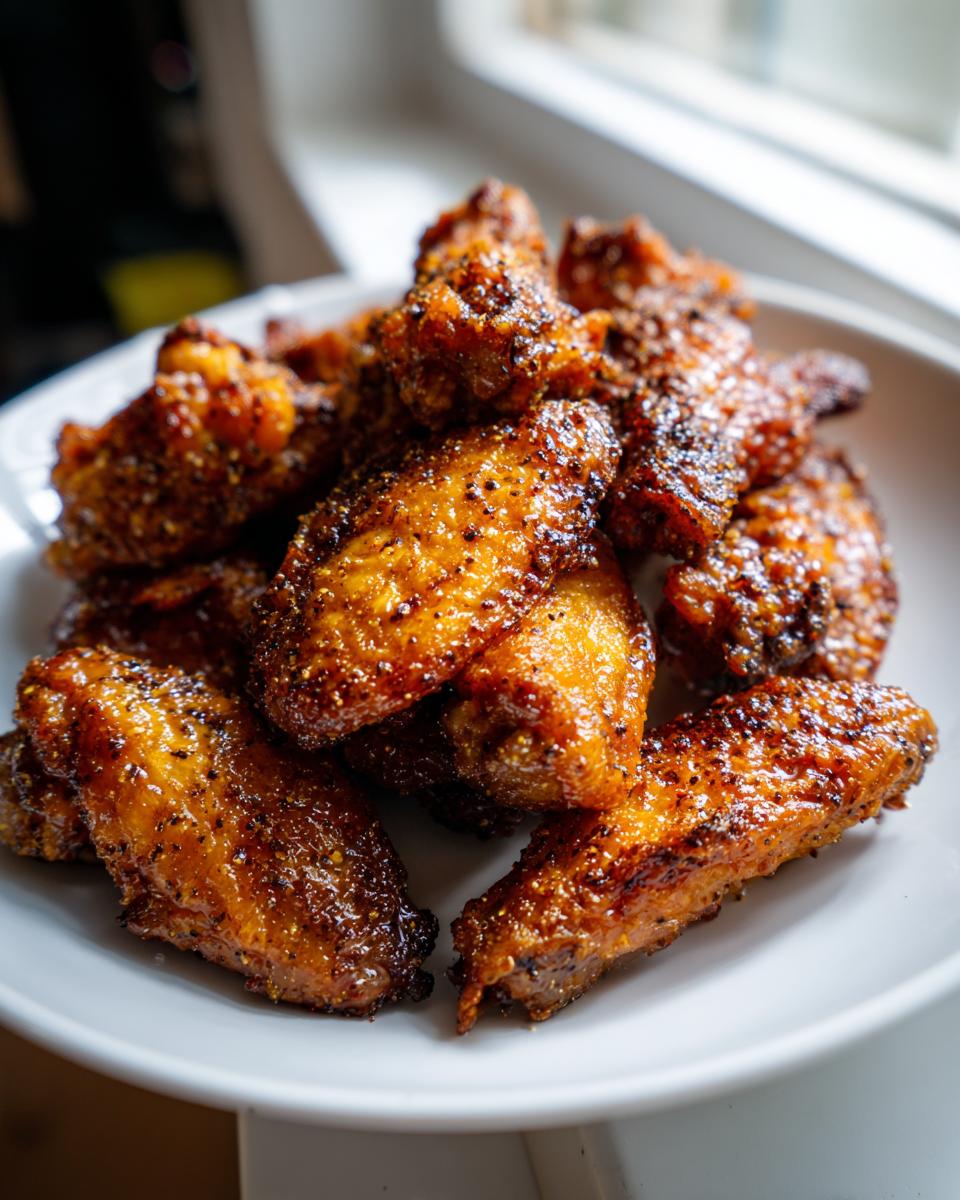 A plate piled high with crispy, golden-brown air fryer lemon pepper wings seasoned with visible black pepper.