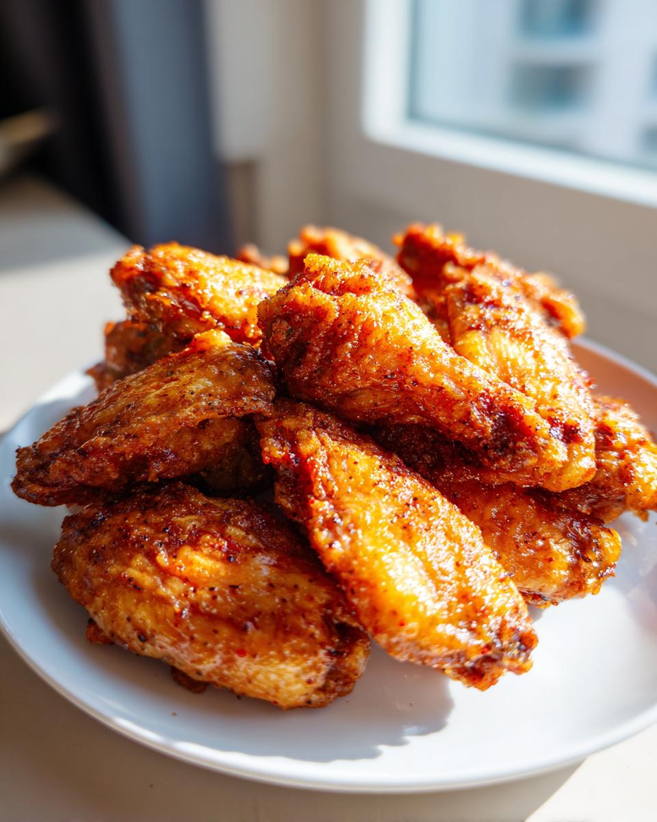 A pile of golden brown, crispy air fryer lemon pepper wings stacked high on a white plate.