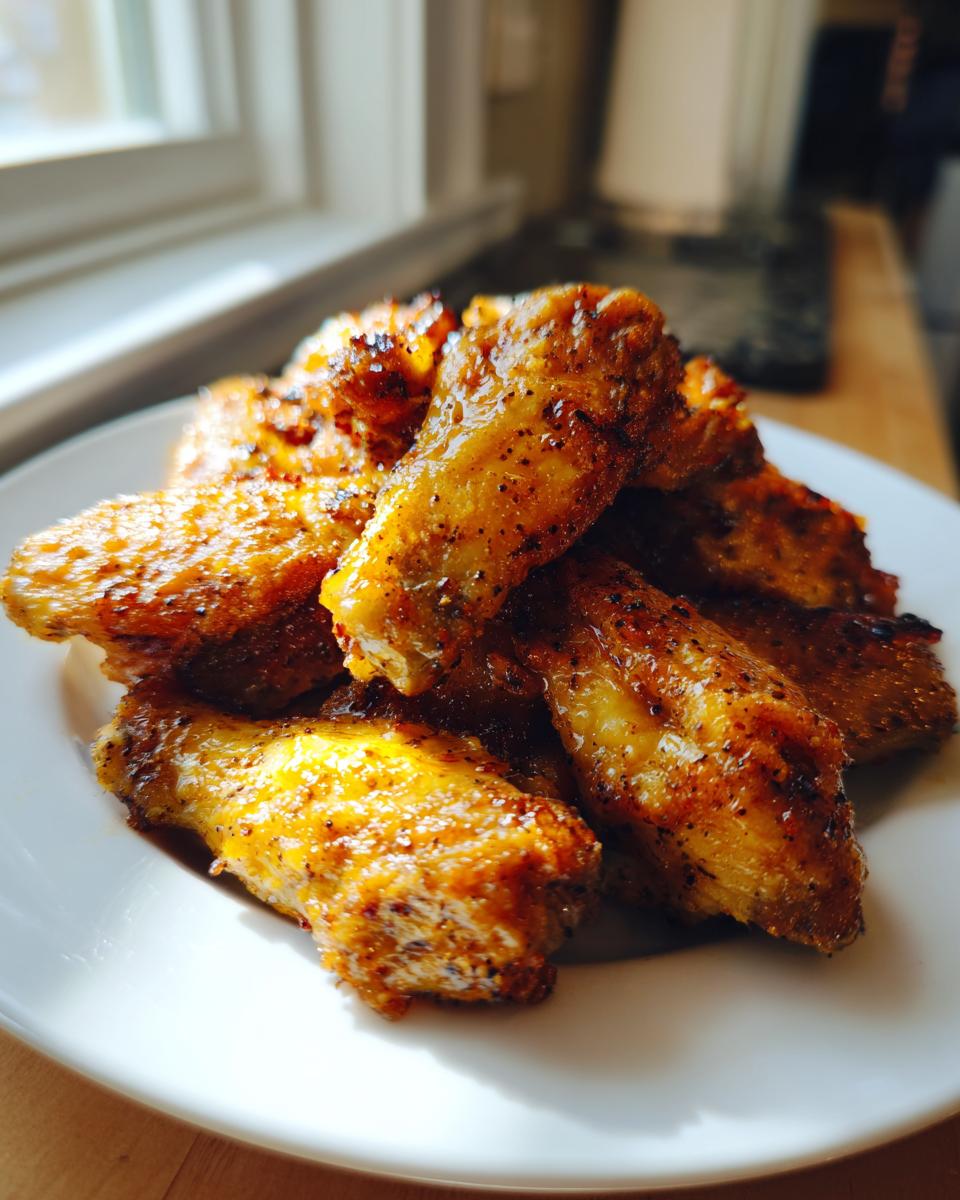 A close-up of golden brown, seasoned air fryer lemon pepper wings piled on a white plate near a window.