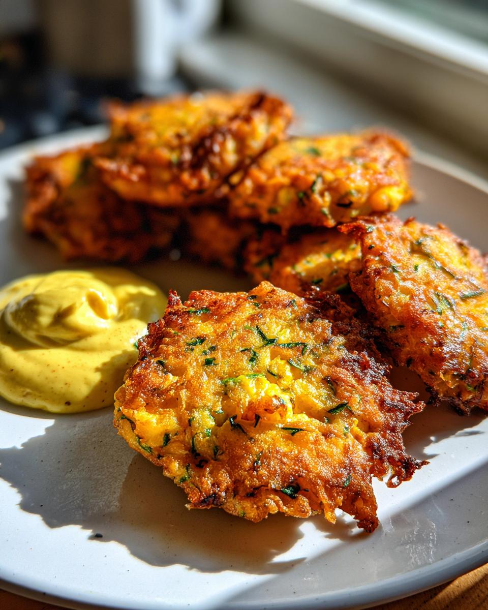 Close-up of golden brown, crispy air fryer zucchini fritters served with a dollop of yellow dipping sauce.