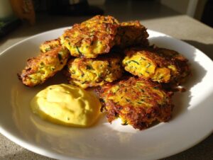 A pile of golden brown, crispy air fryer zucchini fritters served on a white plate next to a dollop of yellow dipping sauce.
