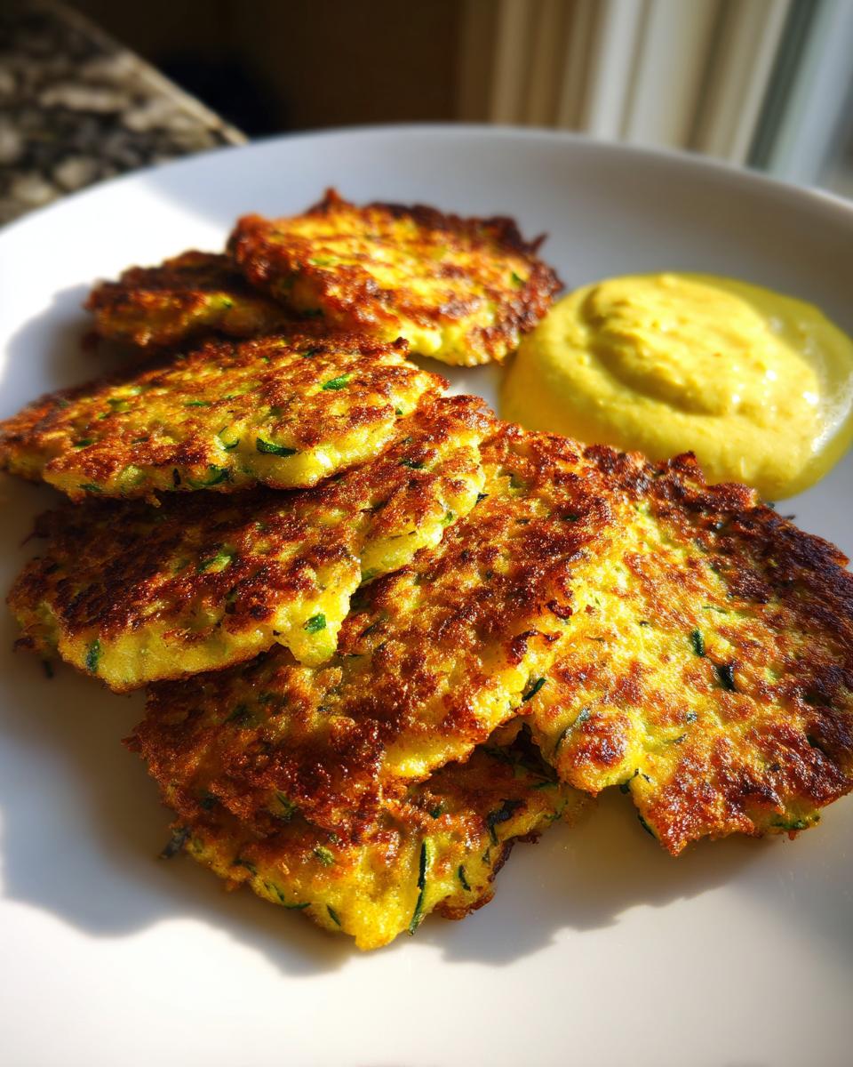 A stack of golden brown air fryer zucchini fritters served on a white plate next to a dollop of yellow dipping sauce.