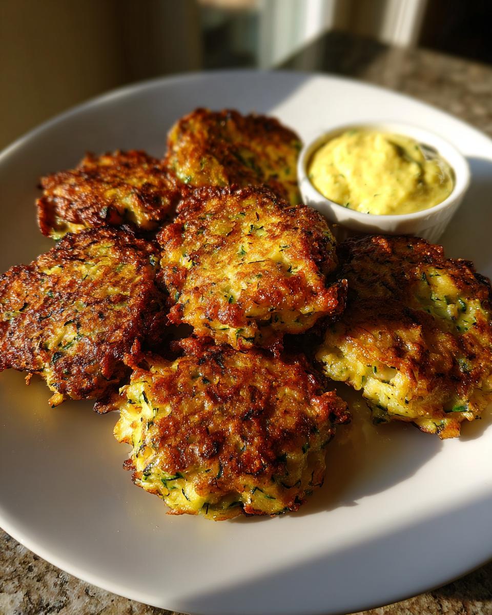 Five golden brown air fryer zucchini fritters served on a white plate with a side of yellow dipping sauce.