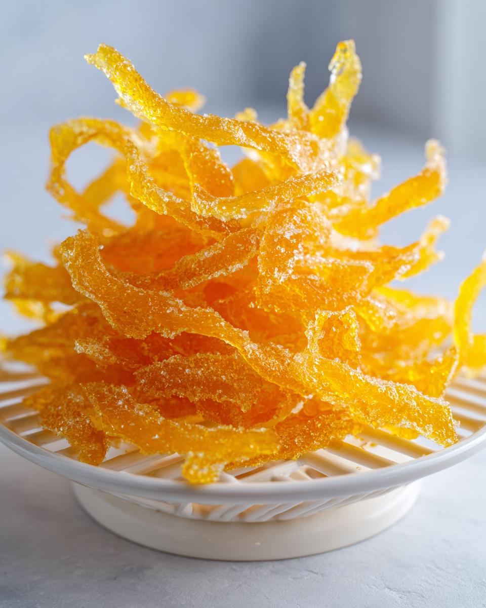 A close-up of bright orange candied lemon peel strips piled high and coated in sugar crystals.