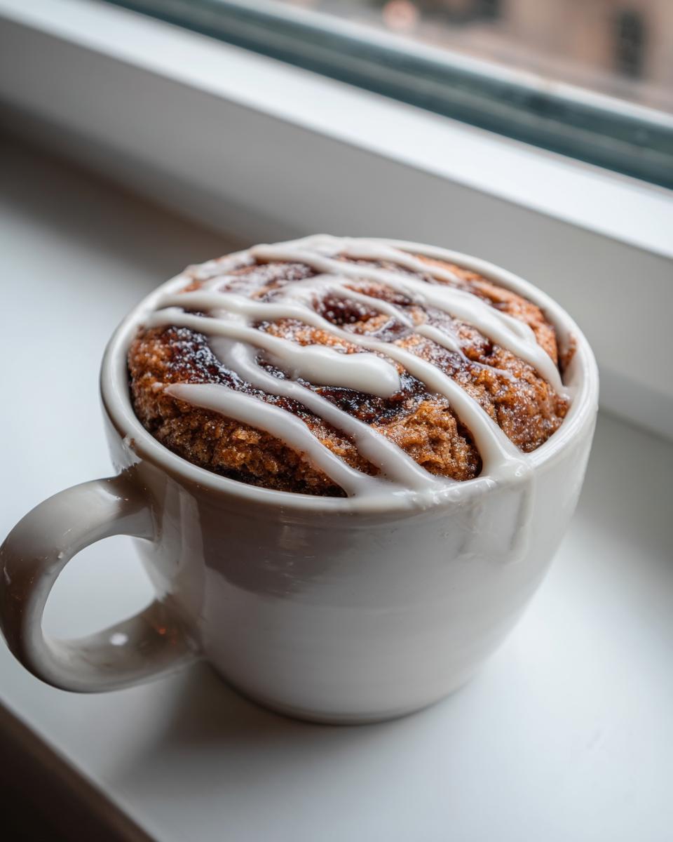 A freshly baked cinnamon mug cake topped with white icing, sitting in a white mug by a window.