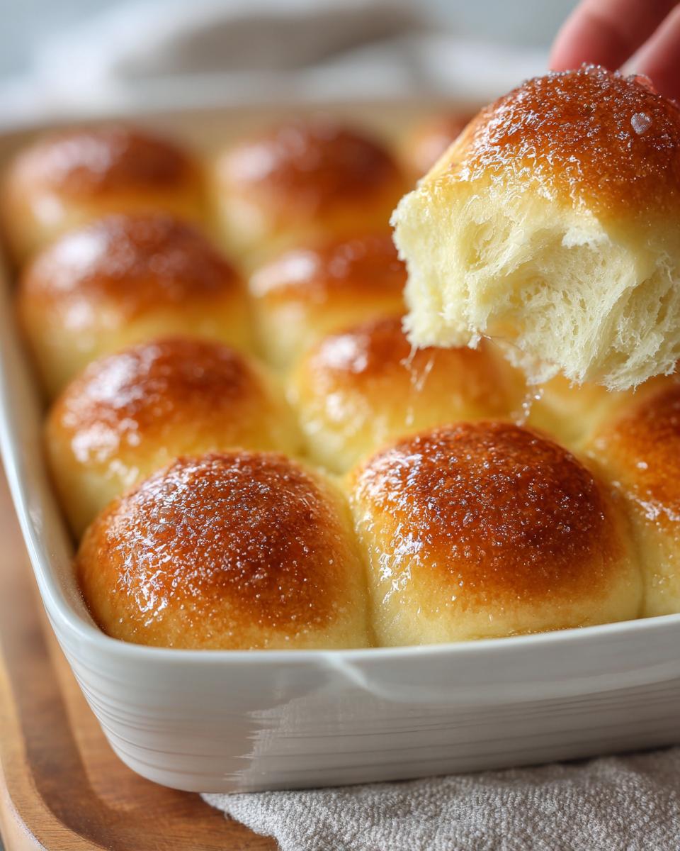 A hand pulling apart one of the amazing fluffy dinner rolls, showing the soft, airy interior texture.
