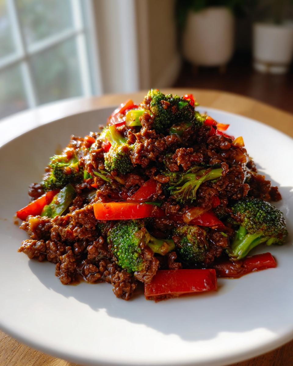 A close-up of a serving of amazing ground beef stir fry mixed with bright green broccoli florets and red bell pepper strips.