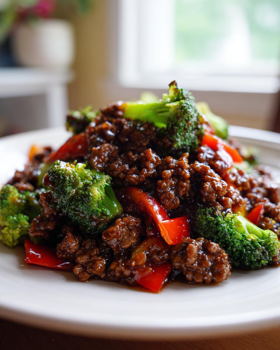 A close-up shot of a serving of amazing ground beef stir fry mixed with bright green broccoli florets and red bell peppers.