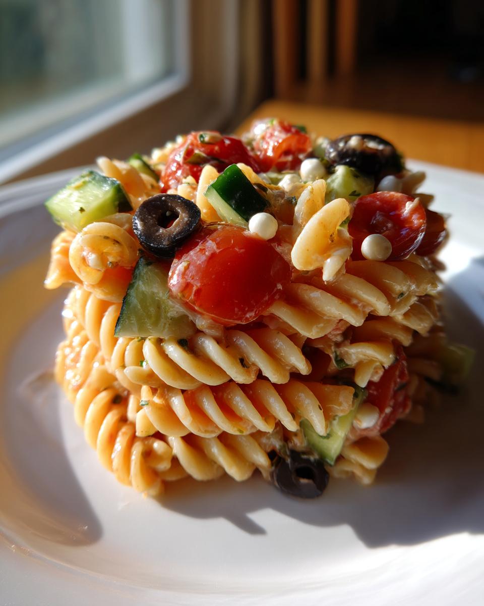 A molded serving of amazing pasta salad featuring rotini pasta, cherry tomatoes, cucumber, black olives, and small mozzarella balls.