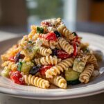A close-up serving of amazing pasta salad featuring rotini pasta, chopped cucumbers, tomatoes, black olives, and crumbled feta cheese.