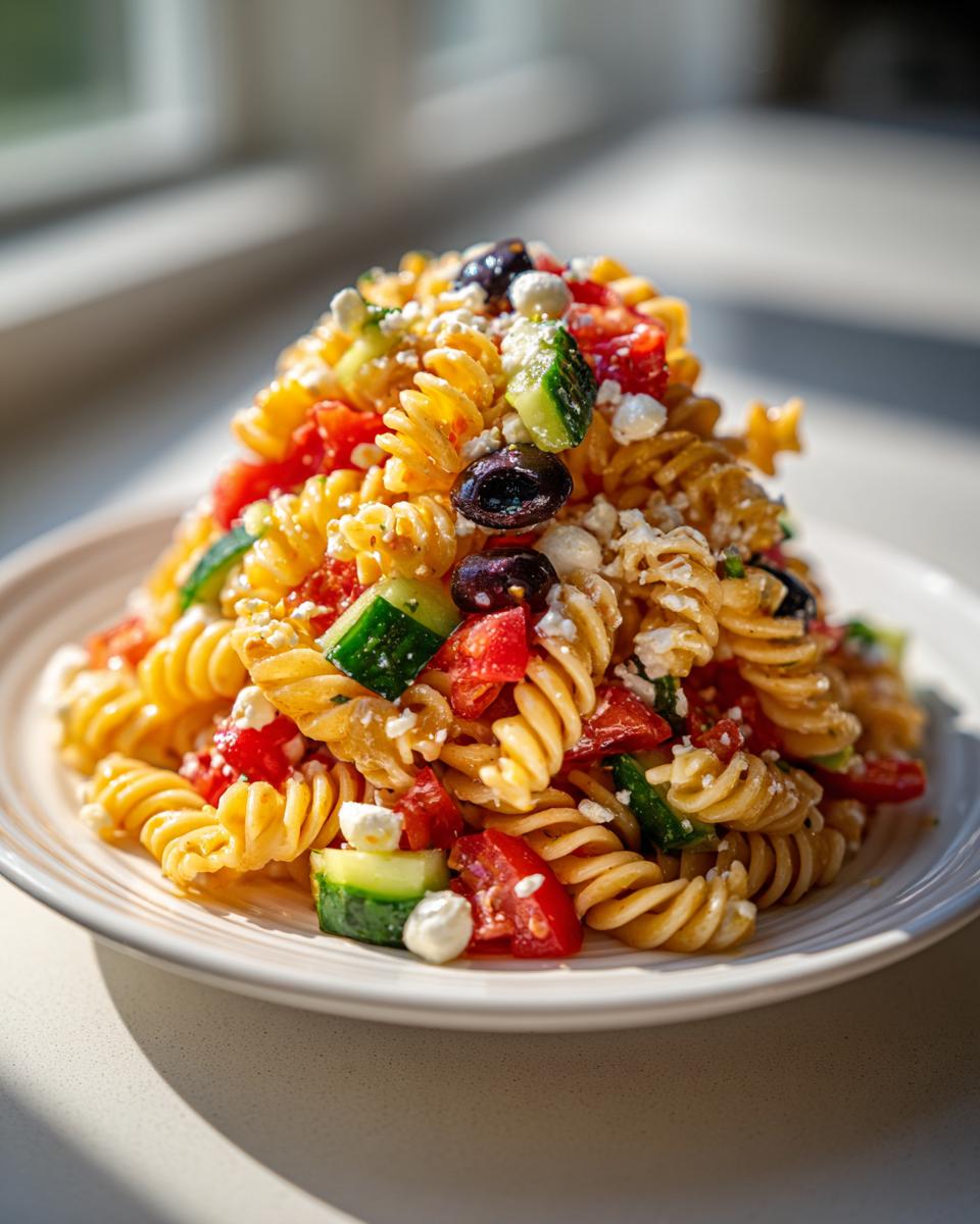 A vibrant mound of Greek-style pasta salad featuring rotini, tomatoes, cucumbers, olives, and feta cheese on a white plate.