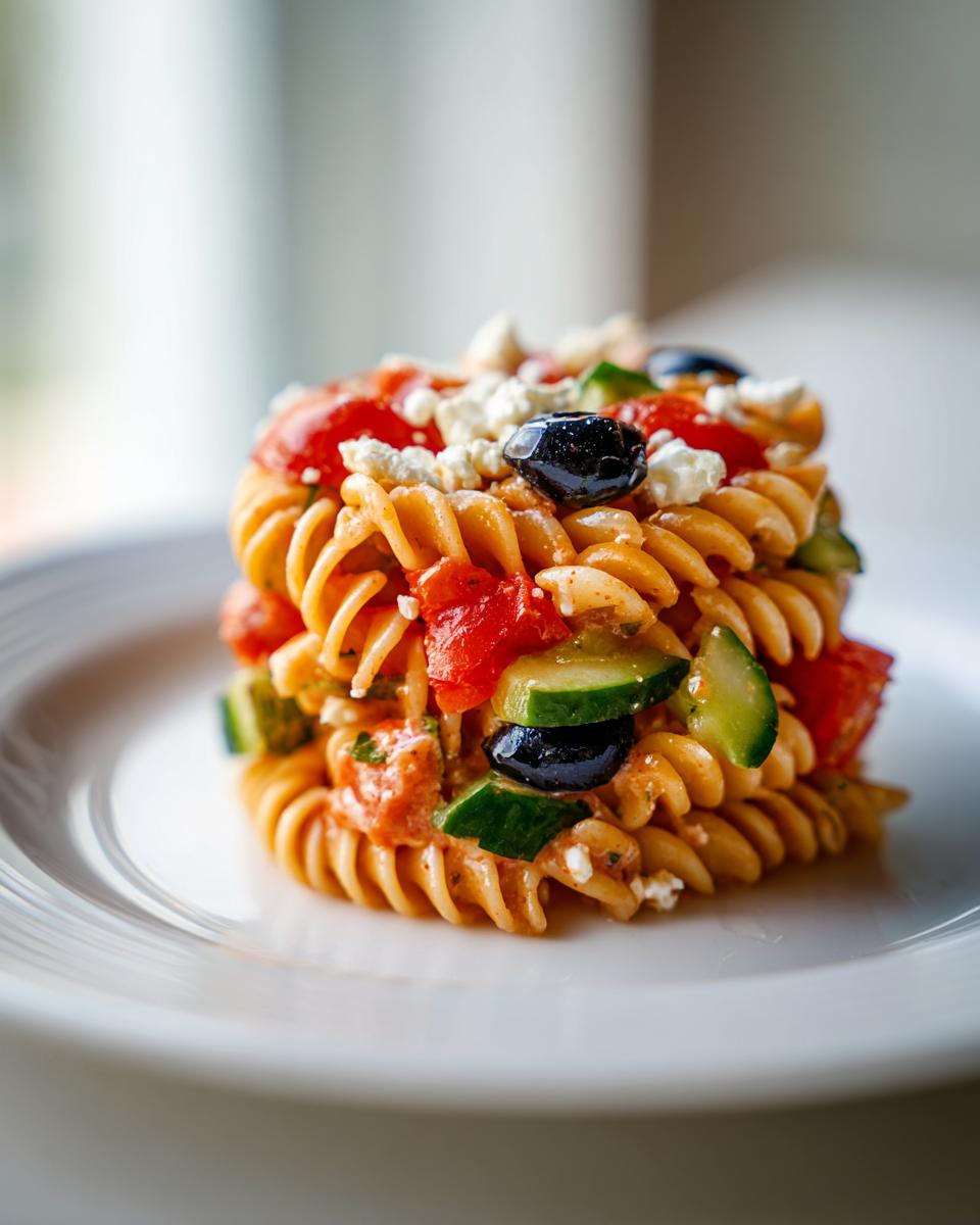 A vertical stack of colorful pasta salad featuring rotini, tomatoes, cucumbers, black olives, and feta cheese on a white plate.