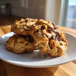 Three thick, craggy peanut butter chocolate chip cookies stacked on a white plate, glistening in sunlight.