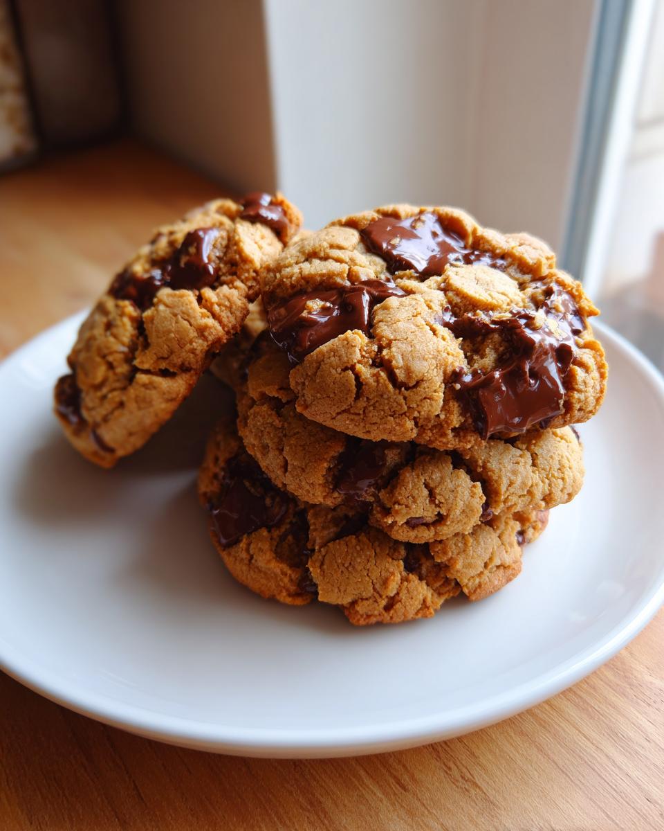 A stack of four gooey peanut butter chocolate chip cookies with melted chocolate chunks on a white plate.