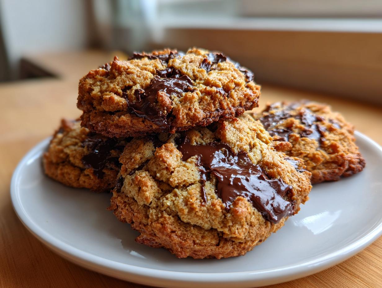 A stack of four freshly baked peanut butter chocolate chip cookies with gooey, melted chocolate chunks on a white plate.