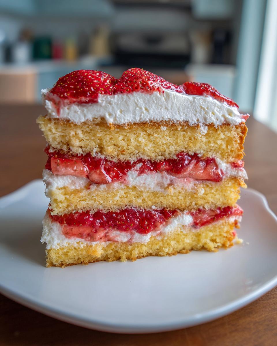 A tall, layered slice of amazing strawberry shortcake cake featuring sponge cake, whipped cream, and macerated strawberries.